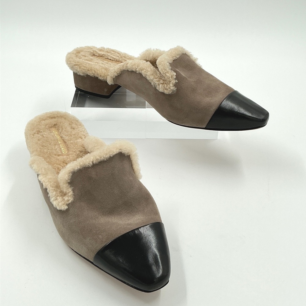 Veronica Beard Size 10 Suede Shearling Mules Taupe Black Cap Toe NEW Cecile $395